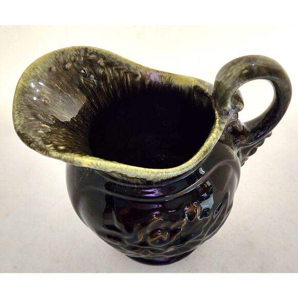 HULL POTTERY-PITCHER-VASE-Brown/Green Drip Glaze-Embossed-Large Pouring Lip - Picture 3 of 10